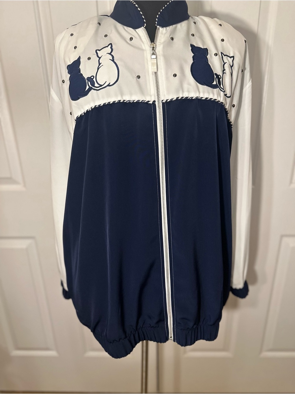 Vintage Silver Threads Navy & White Cat-Embroidered Zip Front Jacket 3X